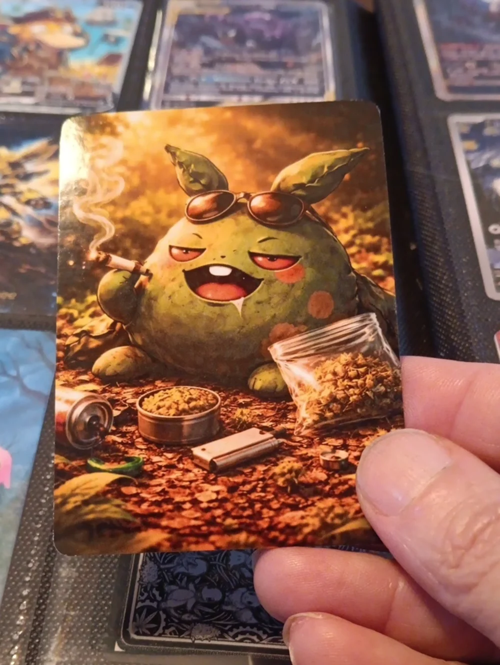 Cute Green Vileplume-Style Art Card with Smoky Scene